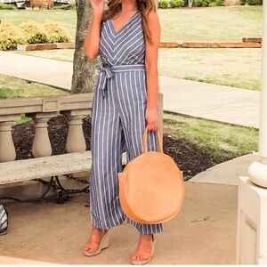 LOFT Striped Linen Blend Belted Sleeveless Jumpsuit - Size 6